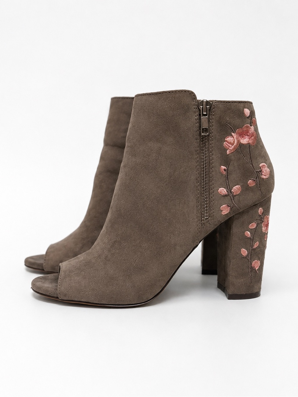 Candie's Taupe Suede Peep-Toe Ankle Boots with Pink Floral Embroidery